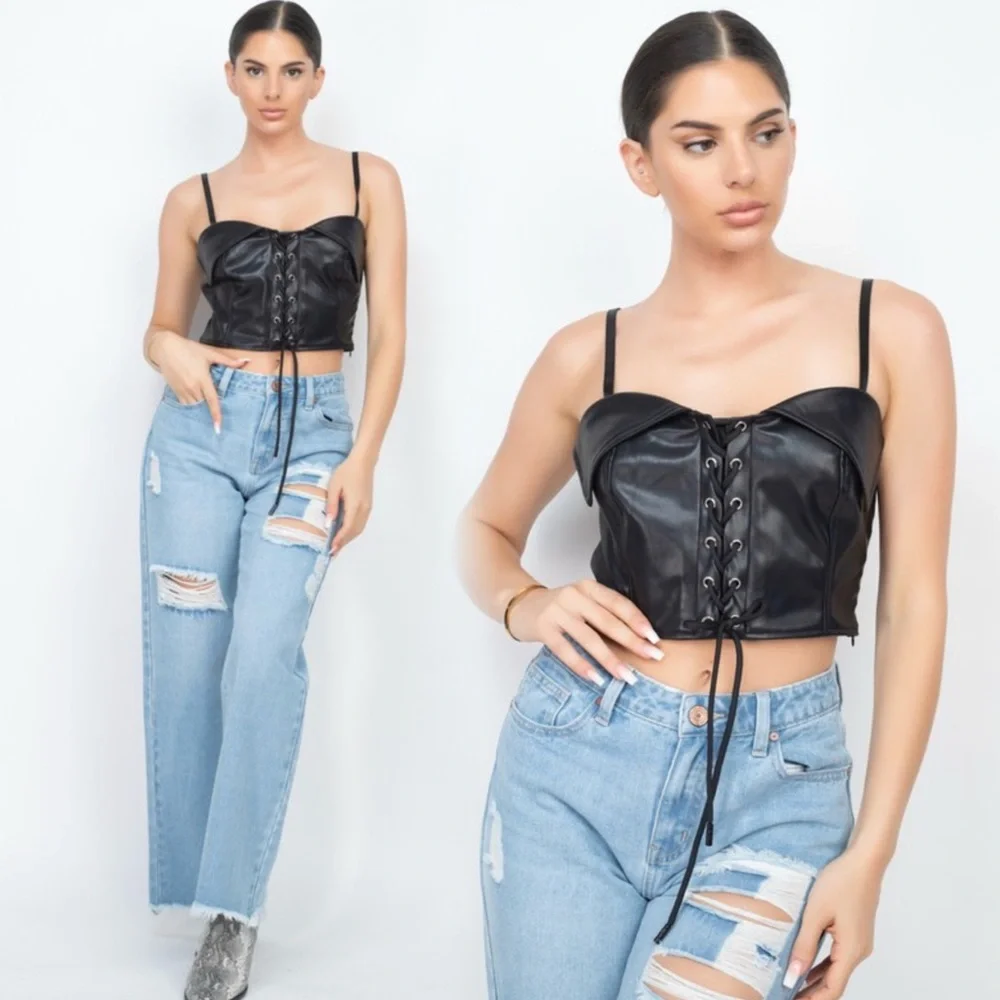 Black Lace-Up Leather Crop Top